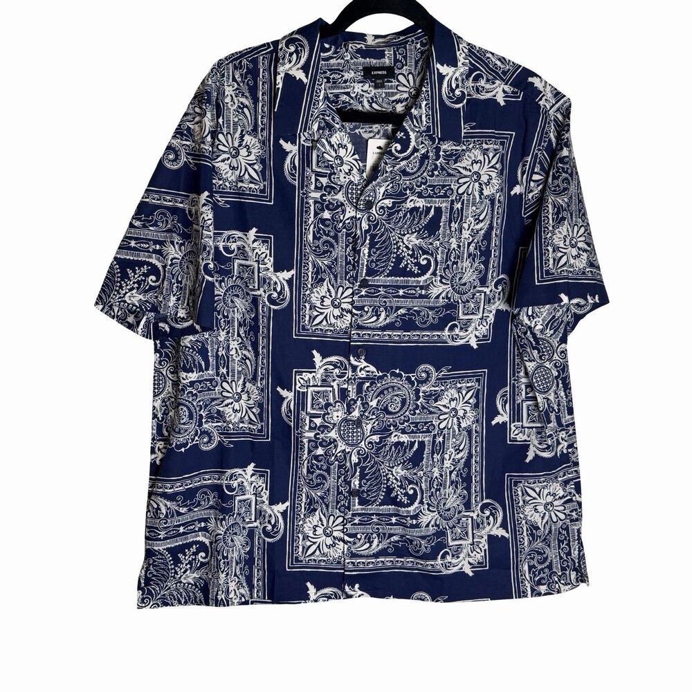 Express Men's L Short Sleeve Button Down Shirt Casual Bandana Scarf Print Camp
